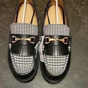 LOFT Houndstooth Black Loafers with Gold Detail
